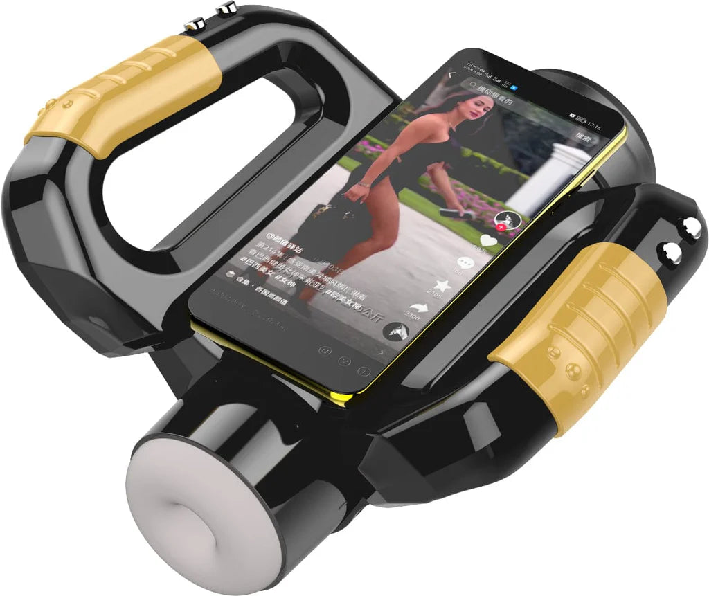 A-33 Smart Gyroskop automatic masturbator with smartphone holder, featuring sleek design and control interface.
