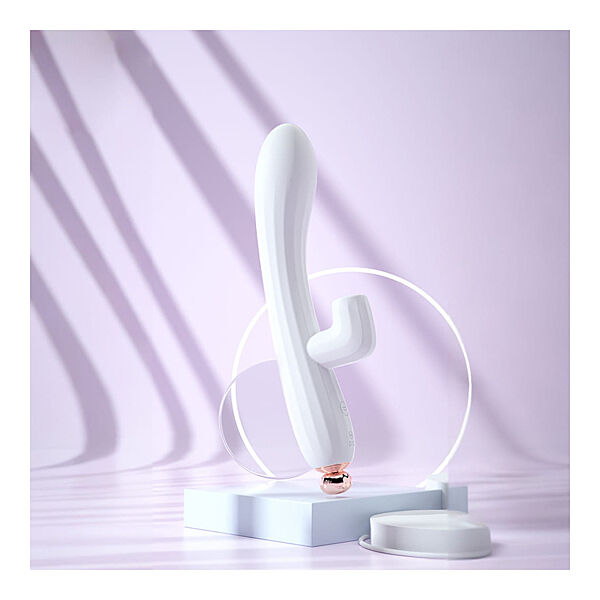 VelvetBloom adjustable air-pulse rabbit vibrator by D-41 with velvet texture, dual stimulator design, and control buttons visible.