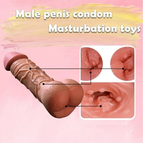 Realistic male masturbator in penis shape with condom by A-47, detailed textured design for pleasure, shown in the product image.