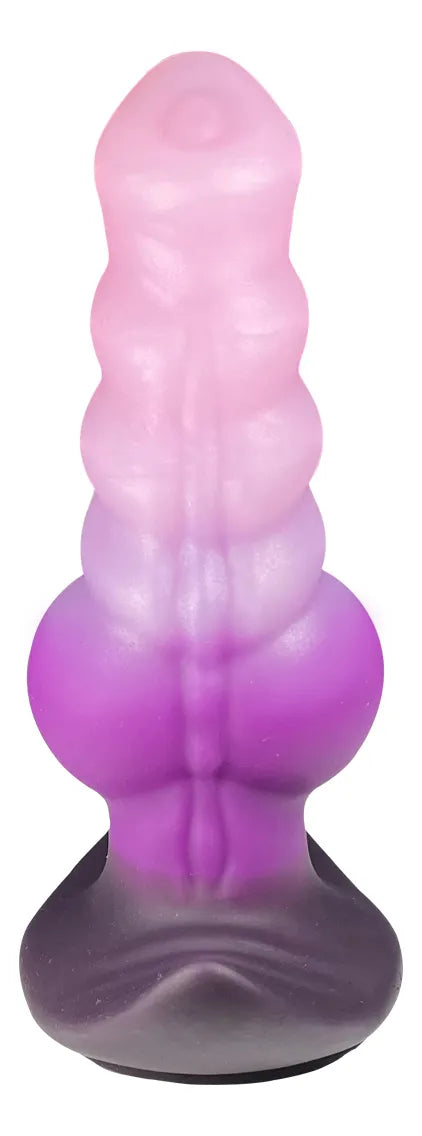 Flexible C-36 Demon anal plug with relief design and suction cup base, shown in black with smooth silicone surface.