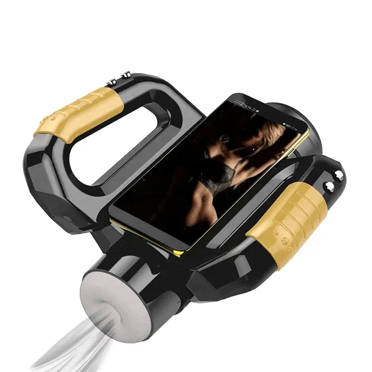 A-33 HerculesGripMaster upgraded automatic masturbator with smartphone holder and telescopic design, showcasing a sleek, modern device.
