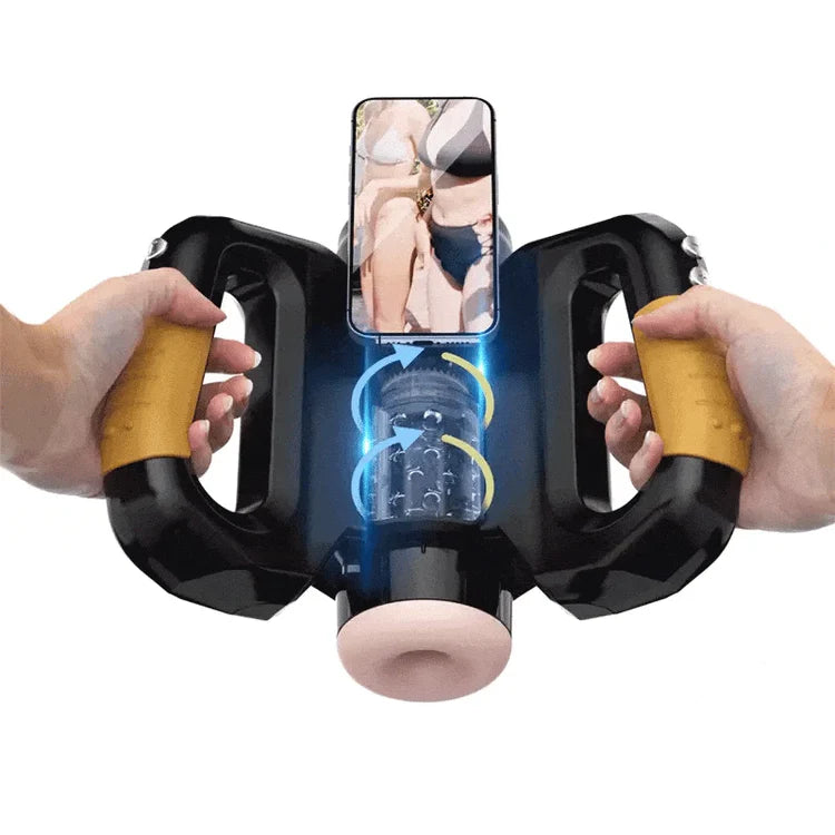 A-33 Smart Gyroskop male masturbator with smartphone holder, featuring realistic interior and sleek black design.