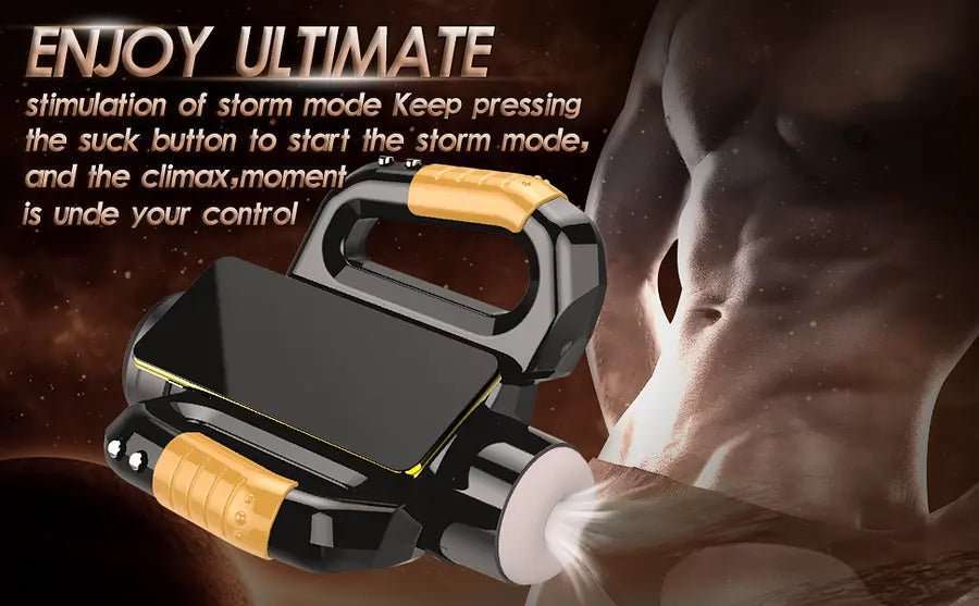 A-33 Smart Gyroskop automatic masturbator with smartphone holder, showing the device's textured exterior and adjustable features.