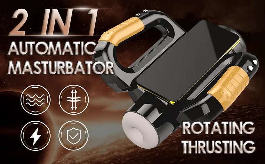 A-33 Smart Gyroskop automatic masturbator with smartphone holder, showing device with sleek design and attachment for manual use.