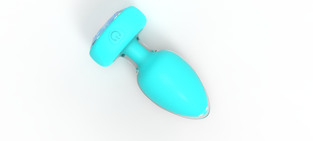 Turkis Ekstase Aqua Pulse Remote Vibrations-Analplug by E-43, smooth turquoise silicone, with remote control for vibration intensity.