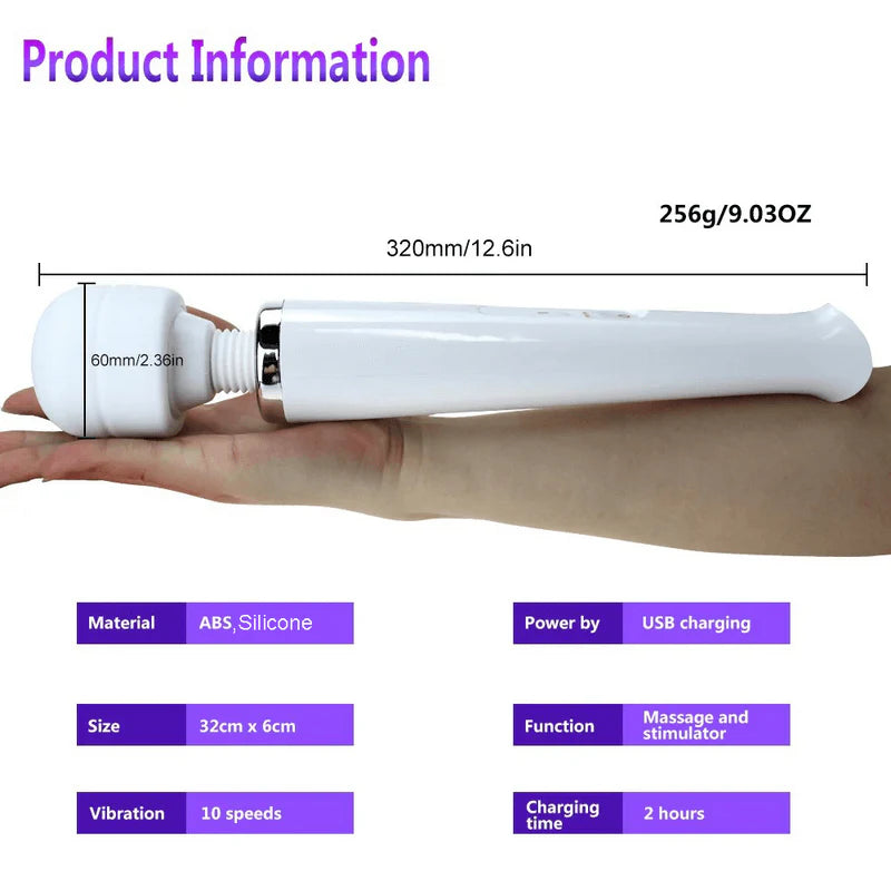 D-38 Wand Pro wand-massager with large head and USB charging, designed for G-spot and clitoral stimulation, for women.