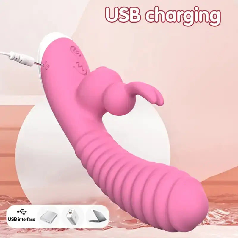 VelvetBunny Ripple Rabbit Vibrator by E-33, pink G-spot and clitoral stimulator for women, with textured surface and dual motor.