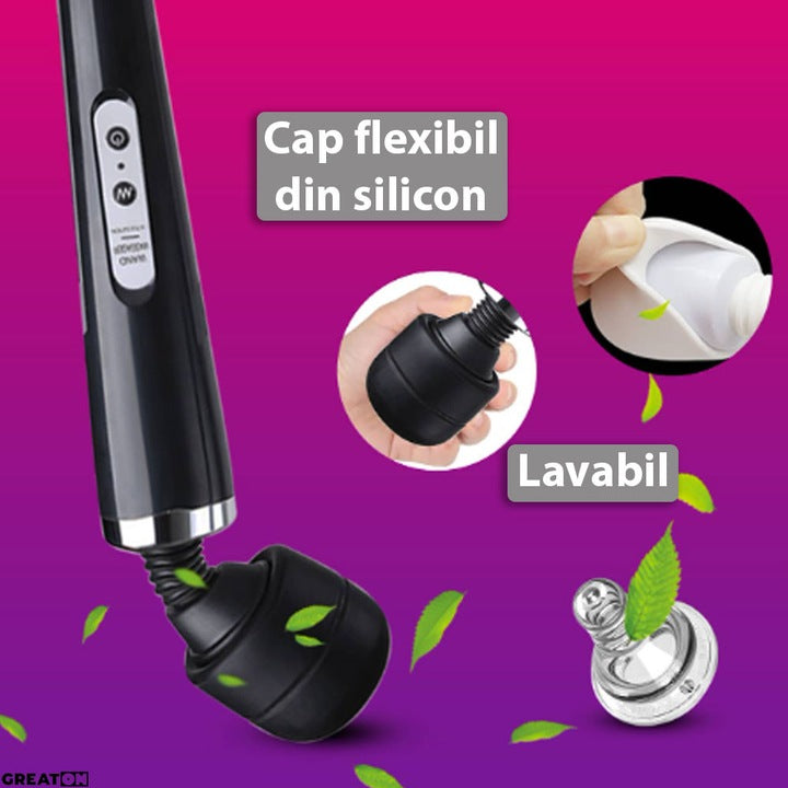 D-38 Wand Pro wand-massager with interchangeable head, showing sleek design and multiple massage attachments for relaxing massage therapy.