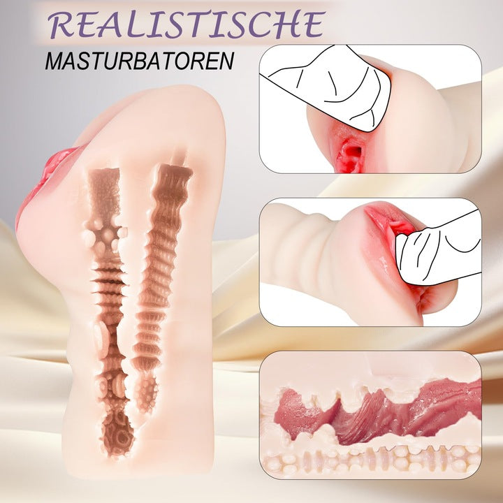 VelvetPeach DualHole Masturbator by B-22 featuring realistic vagina and anal openings with soft velvet texture.