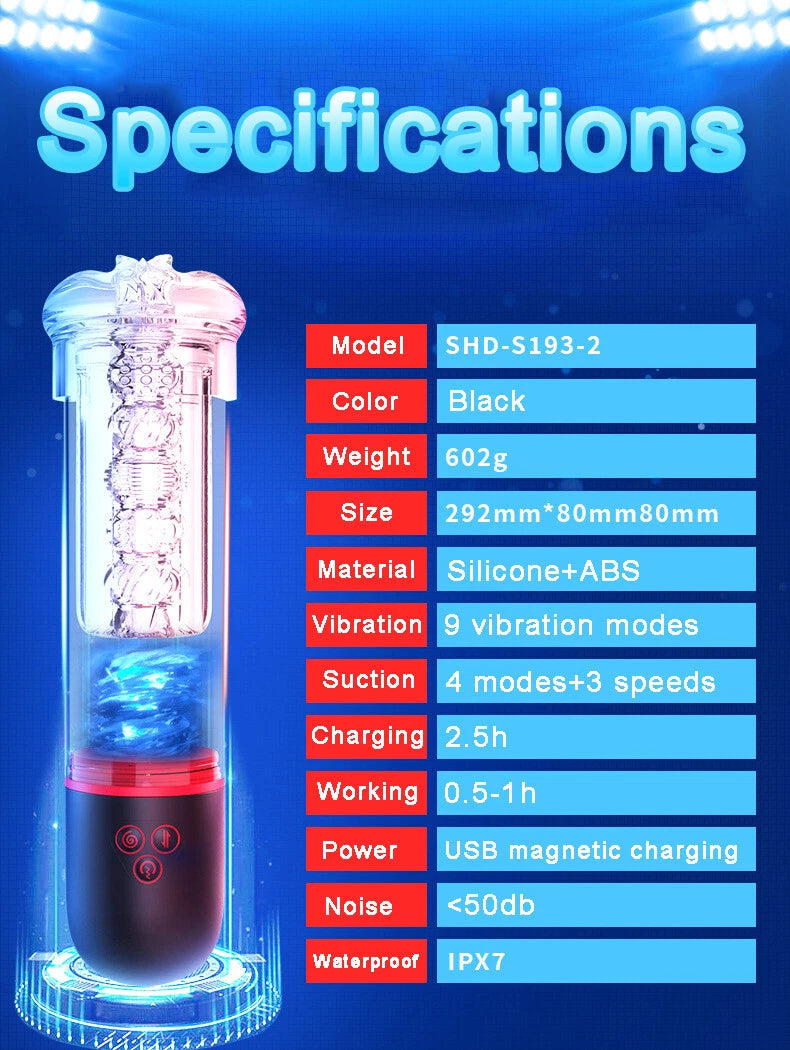 C-43 Roter Wirbel automatic masturbator with realistic interior design, compact shape, and sleek black exterior.