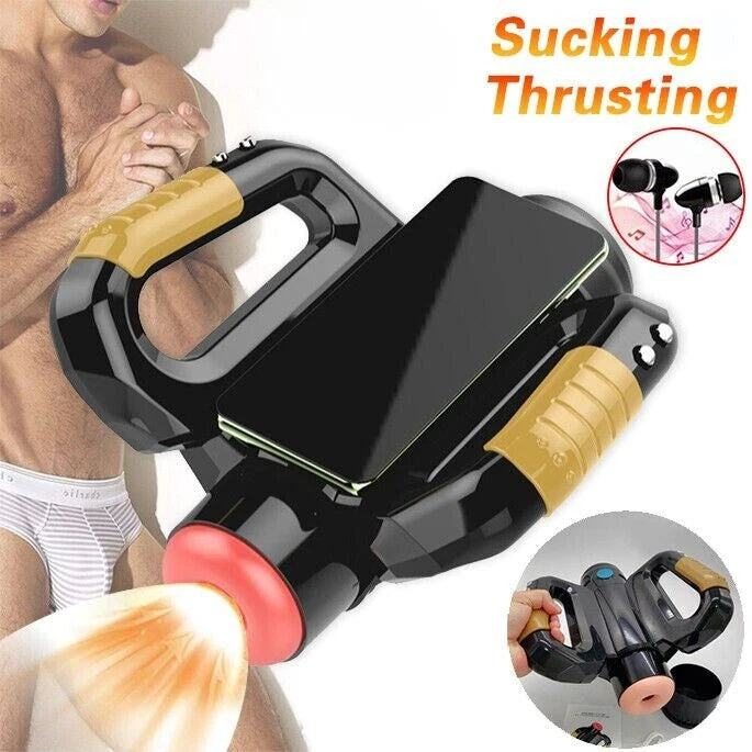 A-33 Smart Gyroskop automatic masturbator with smartphone holder, showing the device's sleek design and adjustable features.