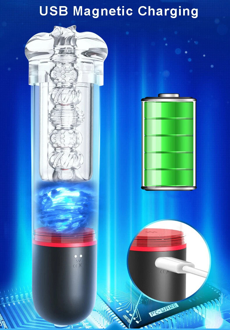 C-43 Roter Wirbel automatic masturbator with sleek design and textured interior, shown in black and red colors.