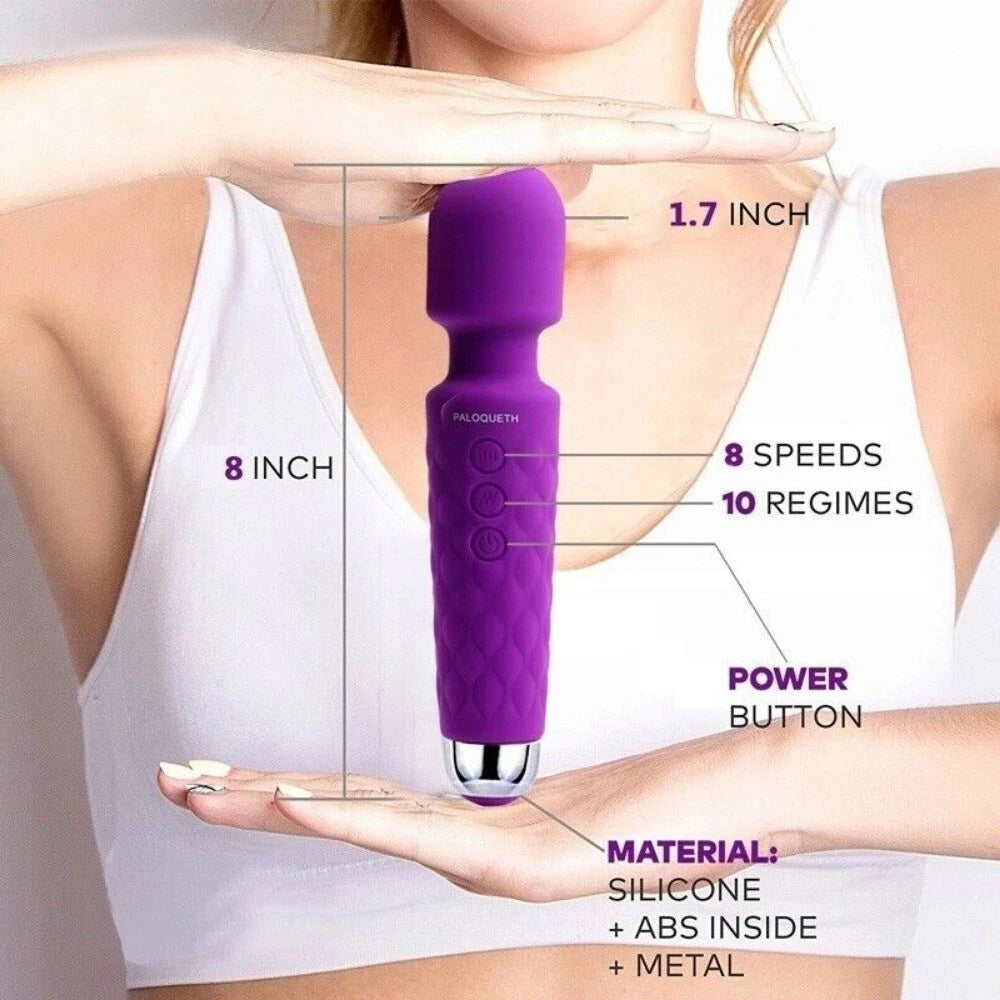 E-32 PALOQUETH Mini Wand Vibrator with flexible neck, compact design, smooth surface, and control buttons on the handle.
