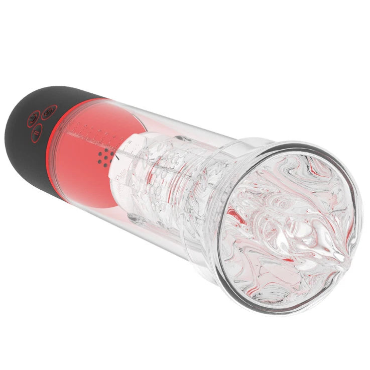 C-43 Roter Wirbel automatic masturbator with spiral design, showing its sleek black exterior and textured opening for pleasure.