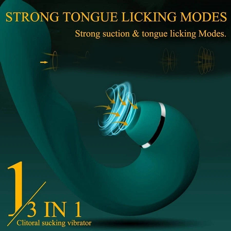 E-53 Green Tongue Slapper G-Spot Vibrator with clitoral stimulator, featuring licking and slapping functions, pink silicone design.