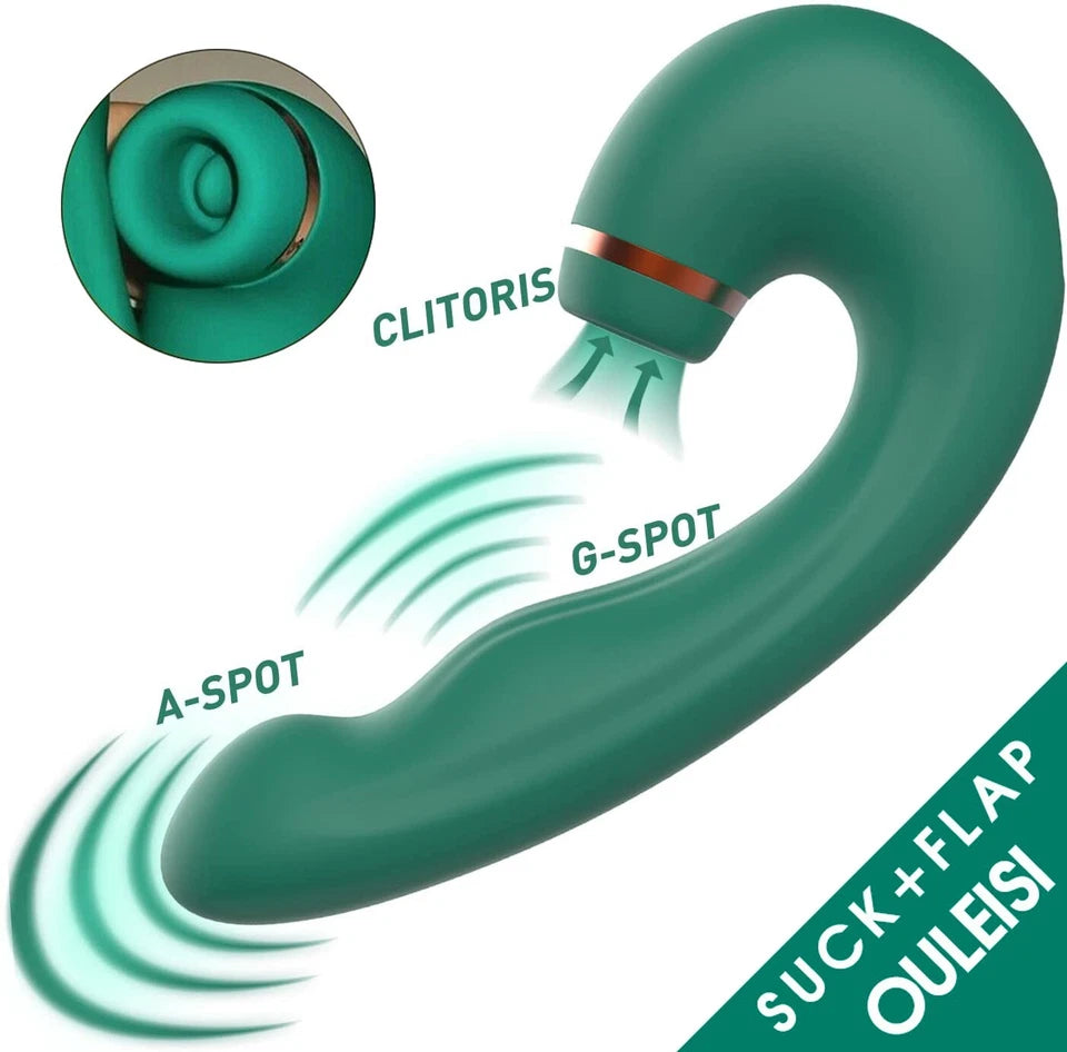 E-53 Green Tongue Slapper G-Spot vibrator with clitoral stimulation and licking function, featuring a sleek design and flexible attachments.